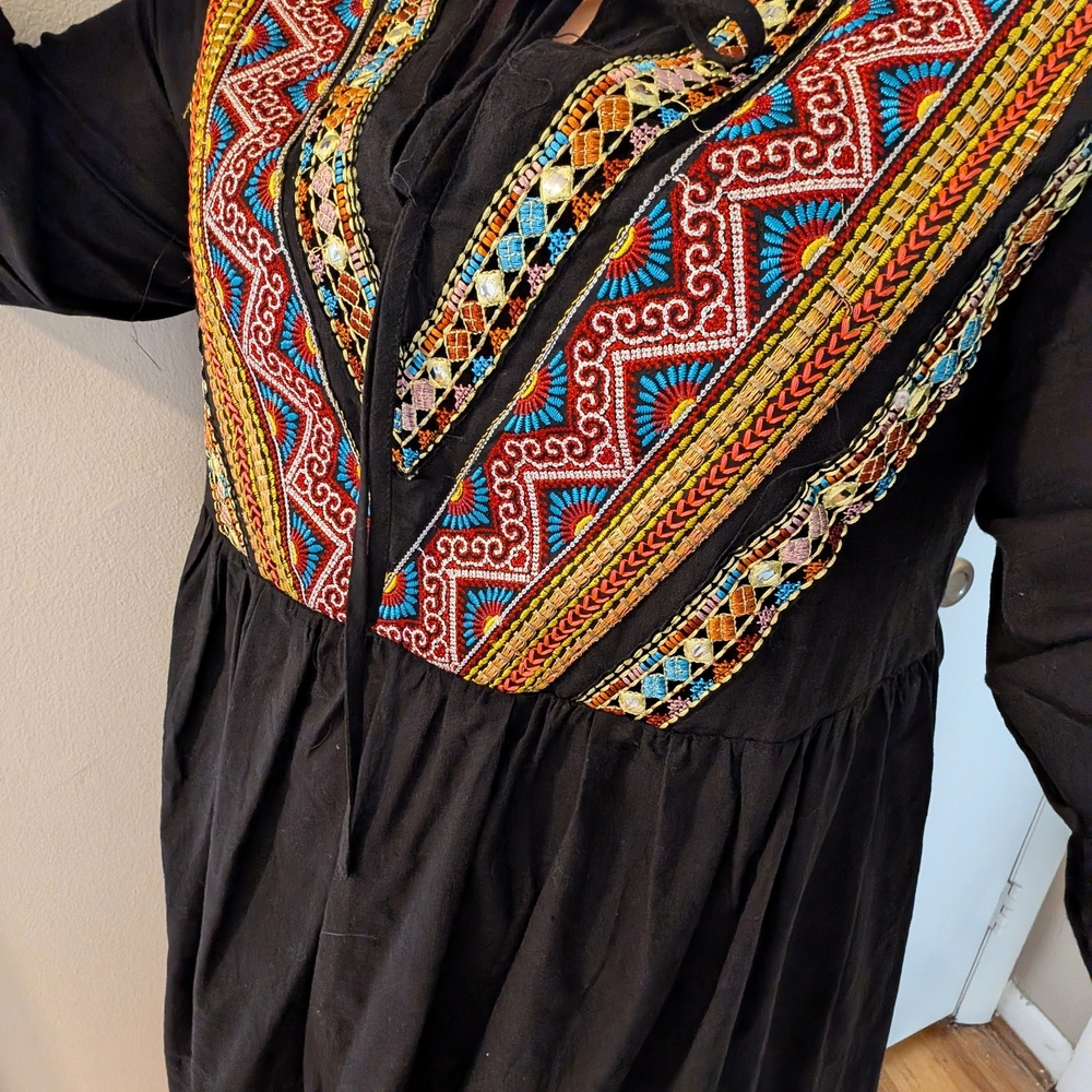 Lightweight Black Dress with Colorful Embroidery